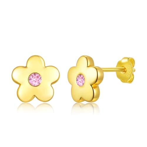 S925 Sterling Silver Stud Earrings for Women-Flower Stud Cubic Zirconia Post Earrings 18K Gold Plated Hypoallergenic Earrings Dainty Jewelry Gifts 6 CZ Colors Options for Mother Wife Sisters Friends (Gold - pink zircon) - Image 1