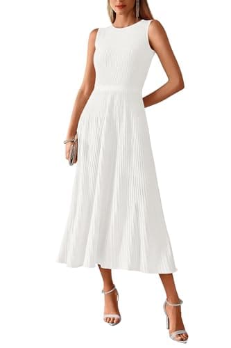 BTFBM Women Midi Bodycon Tank Dress Summer Crewneck Sleeveless Pleated A Line Business Casual Knit Sweater Fall Dresses(White, Small) - Image 1