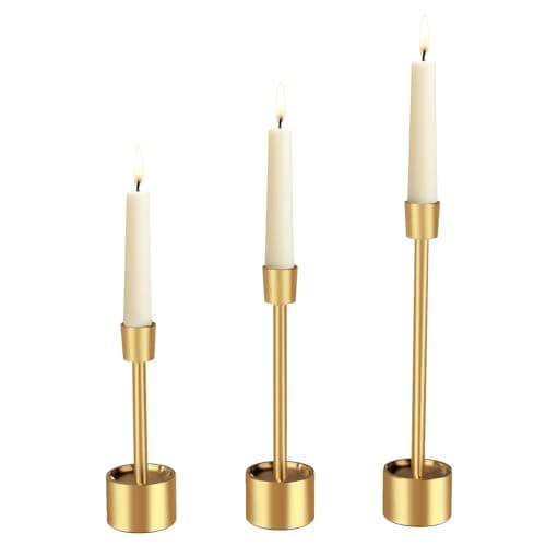 YUMORE 3-Packs Taper Candle Holders - Pillar Candlesticks Solid Stainless Steel Stands for Church, Wedding Centerpieces, Dining Table, Mantel Decor, Fireplace Party, Modern Farmhouse(Gold) - Image 1