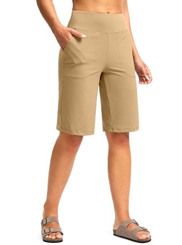 Women's Bermuda Shorts 12" Knee Length with Pockets High Waisted Stretch Long Shorts for Women Casual Walking (Khaki,XXXL) - Image 1