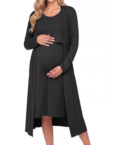 Ekouaer Maternity Nursing Gown and Robe Set Labor Delivery Hosptial Nursing Dress Pregnancy Clothes Black XXL - Image 1
