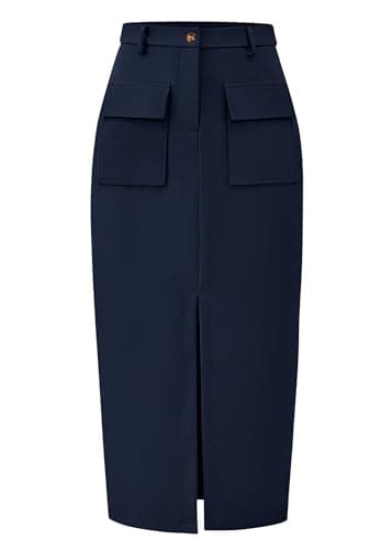 KIRUNDO Midi Skirts for Women Summer Fall High Waisted Cargo Trendy Pencil Slit Dressy Casual Business Work Long Skirt(Navy, Large) - Image 1