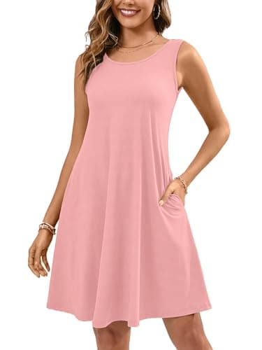 KORSIS T-Shirt Summer Dress for Women Casual Tank Dresses Sleeveless Swing Flowy Loose Ladies Beach Vacation Sundress with Pockets Pink L - Image 1