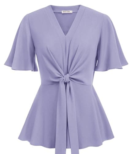 Womens Lilac Peplum Tops V Neck Bell Sleeve Tops Tie Front Elegant Work Blouse 2XL - Image 1