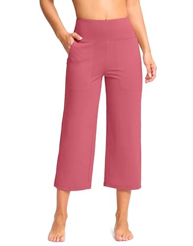 G Gradual Women's Capri Pants with Pockets High Waist Yoga Pants Wide Leg Workout Crop Summer Pants for Casual, Travel, Exercise(Berry Rose, Inseam 21, S) - Image 1