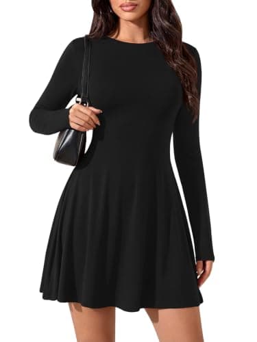 PRETTYGARDEN Crewneck Long Sleeve Ribbed Knit Casual Sweater Dresses for Women 2026 A Line Cocktail Dress Going Out Clothes (Black, Medium) - Image 1