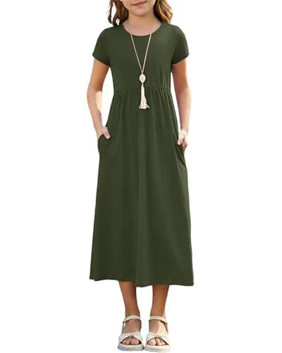 Girl's Summer Short Sleeve Loose Dress Casual Kids Crewneck Empire Waist Long Maxi Dresses with Pockets 2026 New Army Green XL - Image 1