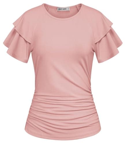 GRACE KARIN Summer Tops for Women Dressy Casual, Ruffle Short Sleeve Work Shirt, 2026 Spring Blouses Light Pink Medium - Image 1