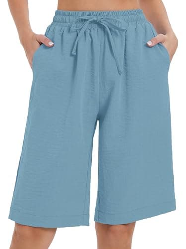 Moodclo High Waisted Blue Gray Small Bermuda Shorts for Women Knee Length Casual Wide Leg Summer Lightweight Comfy with Pockets 2026 - Image 1