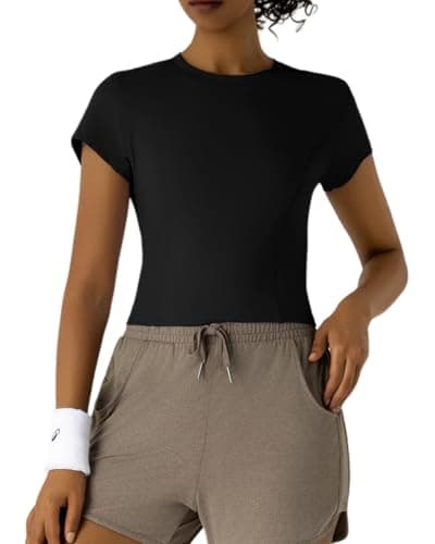 Leapstride Workout Tops for Women Athletic Tops Short Sleeve Shirts-Cropped Slim Fit Gym Running Yoga T Shirts Black - Image 1