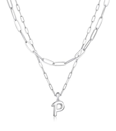 adoyi Silver Initial Necklace for Women 14k Gold Plated Layered Bubble Letter Necklaces Trendy Jewelry Chain Name P Pendant Necklace Stack Birthday Valentines Gifts - Image 1