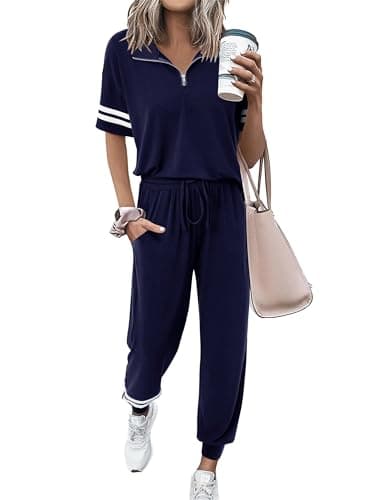 MASCOMODA Womens Two Piece Outfits 2026 Summer Short Sleeve Quarter Zip Pullover Tops Jogging Pants Tracksuit Loungewear Set(Navy,Medium) - Image 1