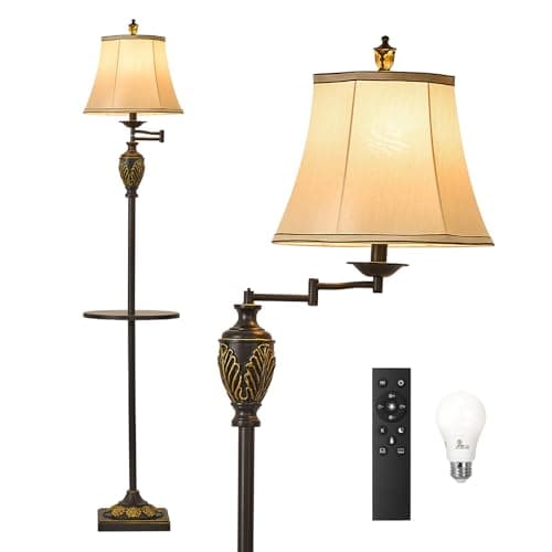 Traditional LED Floor Lamp with 350° Adjustable Swing Arm Lamp – Vintage Standing Pole lamp for Living Room, Bedroom and Office – Rustic Upright Floor Light for Home Décor with Silk Fabric Shade - Image 1