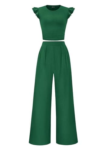 KIRUNDO Two Piece Sets For Women Dressy 2026 Summer Cap Sleeve Cute Tops Wide Leg Pants Spring Matching Set Vacation Outfits(Green, X-Large) - Image 1