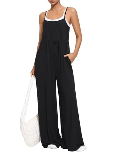 EUYZOU Jumpsuits for Women Casual Loose Fit Summer Outfits Wide Leg Rompers Sleeveless Vacation Trendy One Piece Jumpers, Black L - Image 1