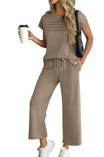 ATHMILE Two Piece Sets for Women Cap Sleeve Lounge Matching Casual Outfits Wide Leg Pants Summer Vacation Travel Outfits - Image 1