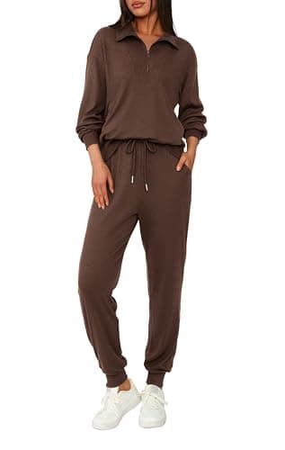 BTFBM Women's 2 Piece Tracksuit Fall Outfits 2025 Long Sleeve Half Zip Sweatshirt Sweatpants Lounge Set Sweatsuits(Solid Coffee,Large) - Image 1