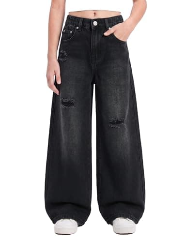 PATPAT Girls Baggy Ripped Jeans 5-14Y, Y2K Vintage Mid Waist Wide Leg Jeans, Trendy Denim Pants with Elastic Waist & Pockets Black - Image 1