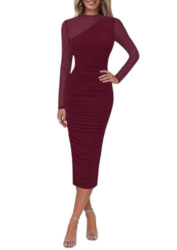 Lazysmile Long Sleeve Mesh Dresses for Women Mock Neck Ruched Bodycon Elegant Cocktail Club Party Wedding Guest Dress Wine Red - Image 1