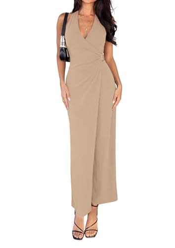 PRETTYGARDEN Halter Dresses for Women 2026 Elegant Classy Spring V Neck Tie Backless Summer Wedding Guest Cocktail Midi Dress(Khaki,XX-Large) - Image 1