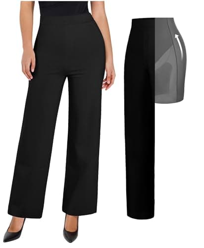 Popilush Women's Dress Pants Tummy Control 2 in 1 Work Slack High Waisted Wide Leg with Pockets Business Casual Pants Black Size XL - Image 1
