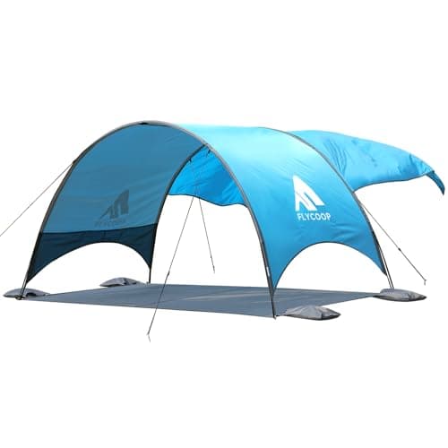Flycoop 2026 Upgraded Beach Umbrella Canopy with UPF 50+ UV Protection – Portable Beach Tent for Sun, 360° Ventilation, 4 Sandbags, Dual Pockets, Stakes & Ropes (90.5 * 59 * 53"+75 * 75" Sail)