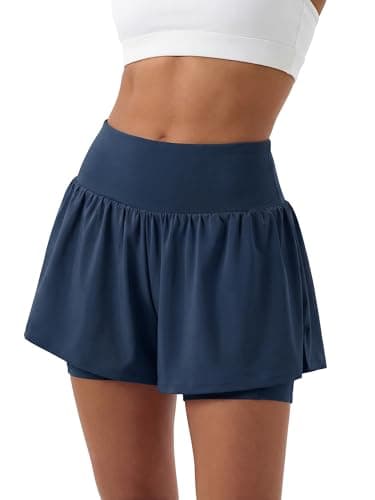 Stelle Women 2 in 1 Running Shorts Flowy Athletic Short High Waisted Workout Tennis Gym Short with Liner Pockets (Navy, XL) - Image 1