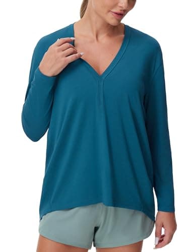 THE GYM PEOPLE Women's Long Sleeve Workout Shirts Loose Fit V-Neck Running T-Shirts Tops Dark Blue Green - Image 1