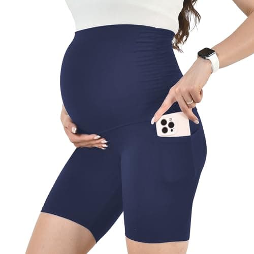 Leafigure Maternity Shorts with Pockets Over The Belly for Women, High Waisted Soft Pregnancy Yoga Pants NavyBlue XL - Image 1