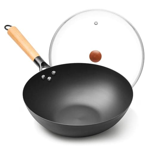 VIVIDCOOKWARE High-Purity Iron Carbon Steel Wok with Lid, 11.8 Inch Flat Bottom Wok Pan, Uncoated Stir Fry Pan with Wood Handle, Compatible with Gas, Electric, Induction and Ceramic Stoves