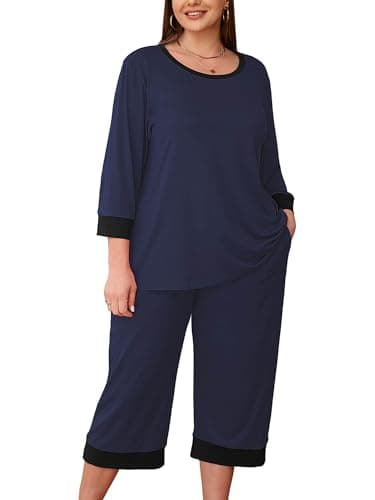 AusLook Women’s Plus Size Pajama Sets Navy Blue 3X Soft 3/4 Sleeve Nightwear Top and Capri Pants Lounge Set with Pockets - Image 1