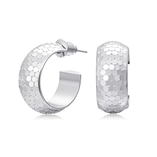 EYESHOCK Small Half Huggie Hoop Earrings for Women, Chunky Style 18K Silver Plated 925 Sterling Silver Post, Hypoallergenic Nickel-Free Hammered Honeycomb Texture, Lightweight for Sensitive Ears - Image 1