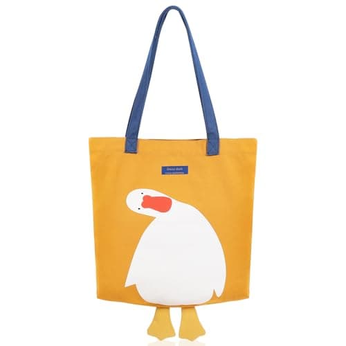 MEETPET Cute Canvas Tote Bag for Women Reusable Cotton Cloth Bag for Lunch Grocery Shopping and Beach with 3D Duck Design (Shoulder Carry Yellow Duck) - Image 1