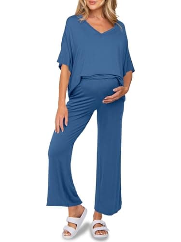 Tankaneo Womens Maternity Pajamas 2 Piece Lounge Set Soft Short Sleeve V Neck T-shirt Cropped Pants Pregnancy Loungewear, Navy, Medium - Image 1