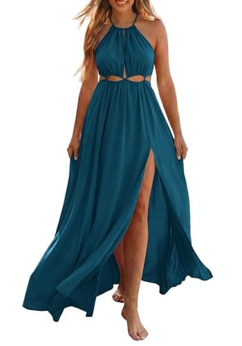 BTFBM Women Halter Summer Dresses 2026 Sleeveless Cutout Backless Sundress Slit Boho Maxi Beach Wedding Guest Dress(Dark Blue, Small) - Image 1