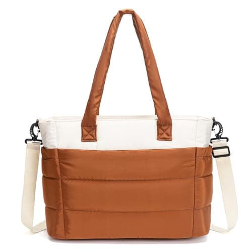 Yuni Sophy Quilted Puffer Tote Bag, 15.6 Inch Laptop Bag, Adjustable Strap Lightweight Work Travel Handbag (W-Brown) - Image 1