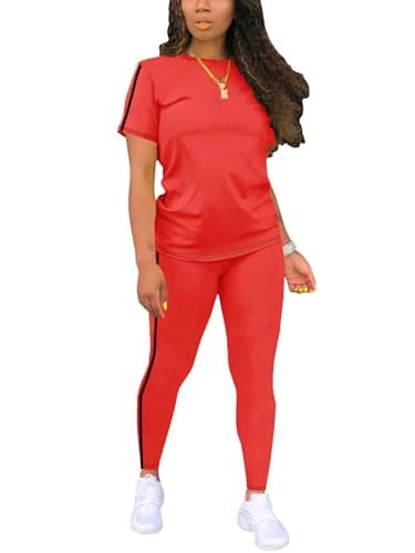 BNGPIKLY Womens Lounge Sets Fashion 2 Piece Sweatsuit Outfits Summer Short Sleeve Loungewear Tracksuits Red S - Image 1