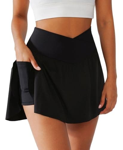 BRXL Tennis Skirts for Women High Waisted Crossover Built-in Shorts with Pockets Workout Athletic Skort Pickleball Black - Image 1