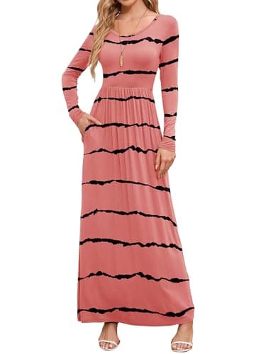 DEARCASE Maxi Dress for Women Floral Pink Wavy Stripes X-Large Round Neck Boho Long Sleeves A-line Casual Hawaiian Empire Waist Flowy Party Vintage Spring Fall Winter Dresses with Pocket - Image 1