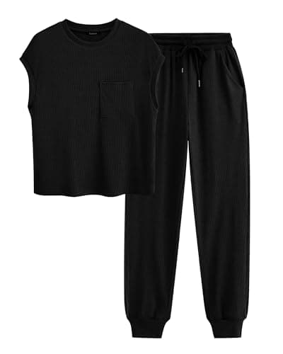 BTFBM Womens Two Piece Outfits Tracksuit Sets Ribbed Knit Tops And High Waisted Pants Matching Sweatsuit Set(Solid Black,Large) - Image 1