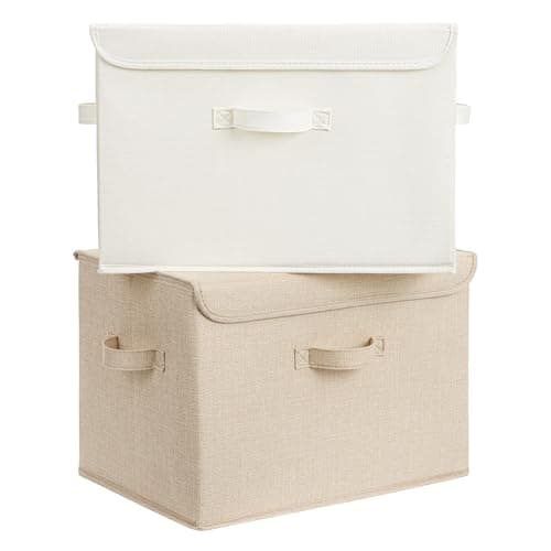 GRANNY SAYS Closet Storage Bins, Decorative Storage Boxes with Lids, Clothes Organizing Bins, Lidded Baskets for Toys, Clothing, Extra Large, Ivory White&Khaki, 2-Pack - Image 1