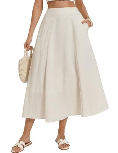 Kate Kasin Women's White Linen Blend Skirts, High Waist A Line Skirt, Flowy Summer Long Skirt with Pockets - Image 1