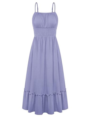GRACE KARIN Women's Summer Maxi Dress 2026,Smocked Ruched Bust Sundress with Adjustable Straps & Pockets Blue Grey S - Image 1