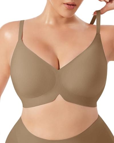 LIIJOO Wireless Seamless T-Shirt Bra for Women Ribbed Longline V Plunge Lightly Lined Cups Adjustable Straps 4-Row Hook Back-Smoothing Side Support Breathable Stretch Everyday(Coffee, 3XL) - Image 1