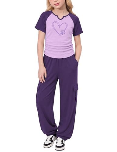 GEMLON Tween Girls Trendy Clothes 2PCS Short Sleeve Graphic Tee and Cargo Pants with Pockets Summer Girls Outfits Size 10-12 - Image 1
