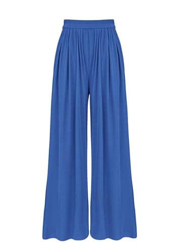 BTFBM Palazzo Pants for Women 2026 Summer Clothes Pockets High Waist Casual Ribbed Knit Flowy Spring Wide Leg Trousers(Blue, X-Large) - Image 1