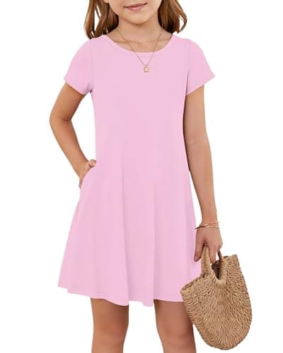 Girls Short Sleeve Summer Dress Kids Casual Crew Neck Swing Knee Twirly Skater Spring Dress with Pockets 2026 Pink 5-6 Years - Image 1