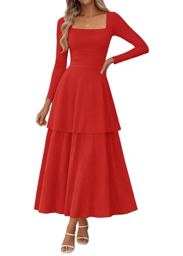 Lazysmile Women's Long Sleeve Fall Dresses Square Neck Ruched Waist Ruffle Hem Flowy Elegant Modest Boho Casual Maxi Dress Red - Image 1