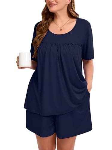 AusLook Women's Plus Size Pajama Sets Short Sleeve Top and Shorts Navy Blue 4X Comfy Soft Ladies Short Pajamas Set Loungwear Sleepwear Pjs Set 2 Piece Lounge Set with Pockets - Image 1