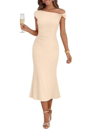 MEROKEETY Women's Wedding Guest One Shoulder Dresses 2026 Summer Formal Elegant Cocktail Party Midi Dress, Apricot, S - Image 1